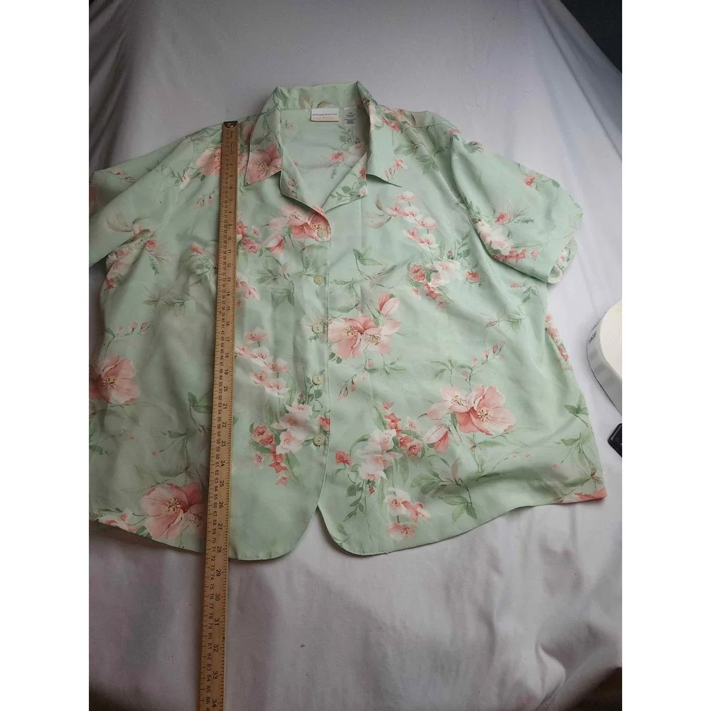 Alfred Dunner Woman Sage Green Floral Button Down Shirt Short Sleeve Size 24W